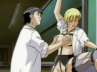 Guy tortures bound blonde in anime